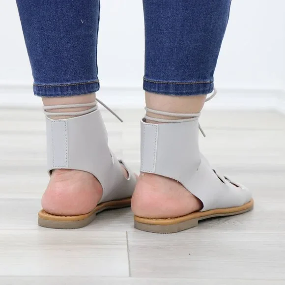Gray Gladiator Laced-Up Bootie Style Flat Sandals - Picture 9 of 14